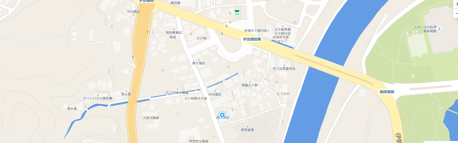 宇治浦田周辺の地図で、道路、建物、川が描かれています。