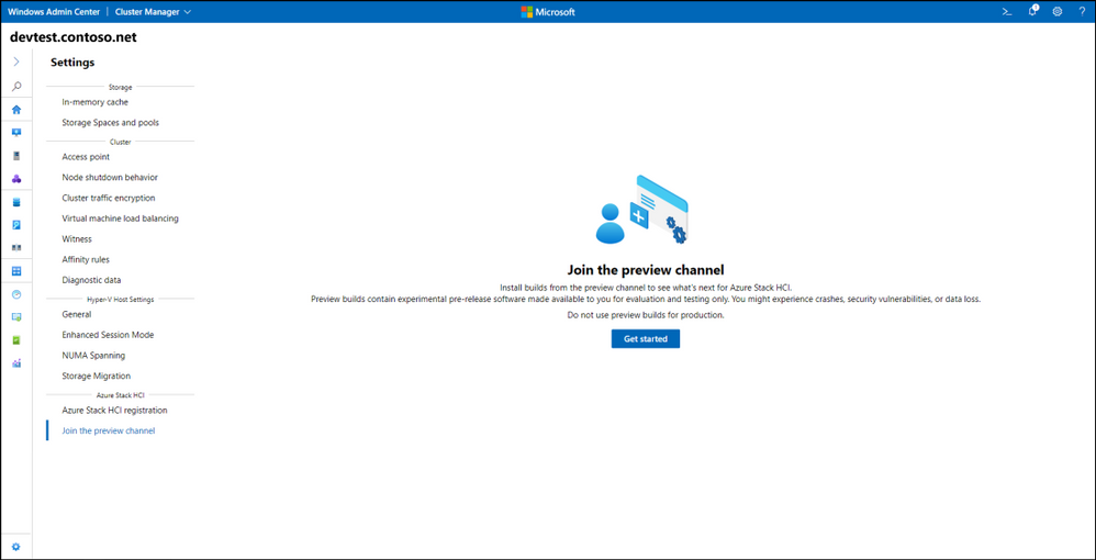 Windows Admin Center の図。[プレビュー チャネルに参加する] ページが表示され、開始するためのボタンとクラスター設定の左側のナビゲーション メニューが表示されます。