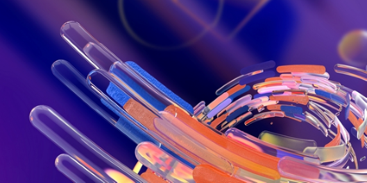 紫と青の背景に、ダイナミックに流れる透明なチューブとカラフルな破片の抽象画。