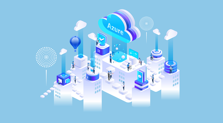 水色の背景に人、ビル、雲のイラスト