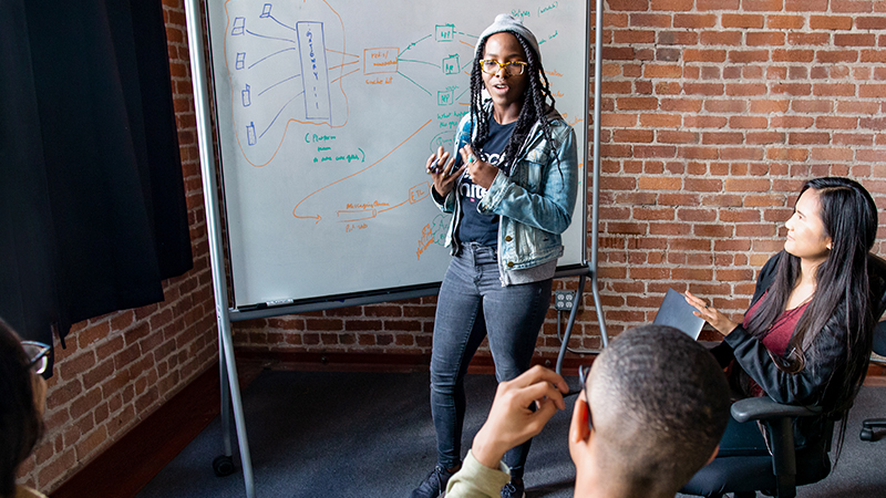 Pessoas reais, escritórios reais. Desenvolvedora falando em frente a um quadro branco durante uma reunião de equipe.