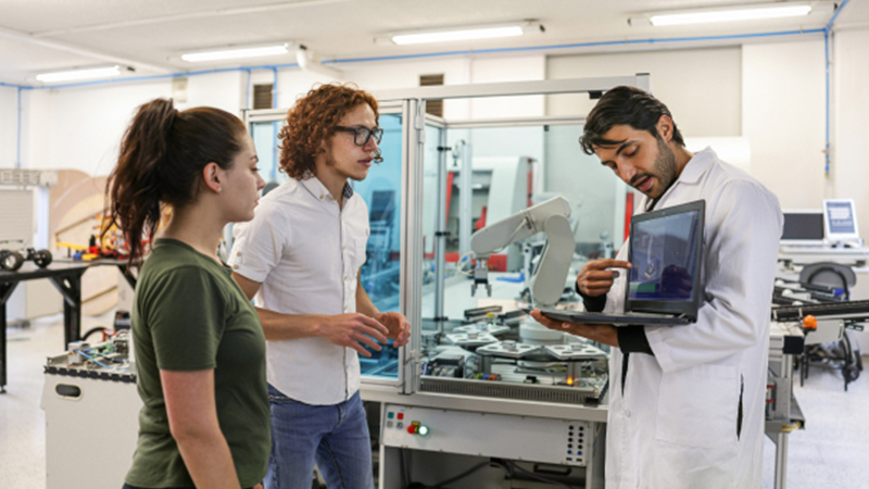 Professor explica um conceito a dois estudantes universitários em um laboratório de robótica.
